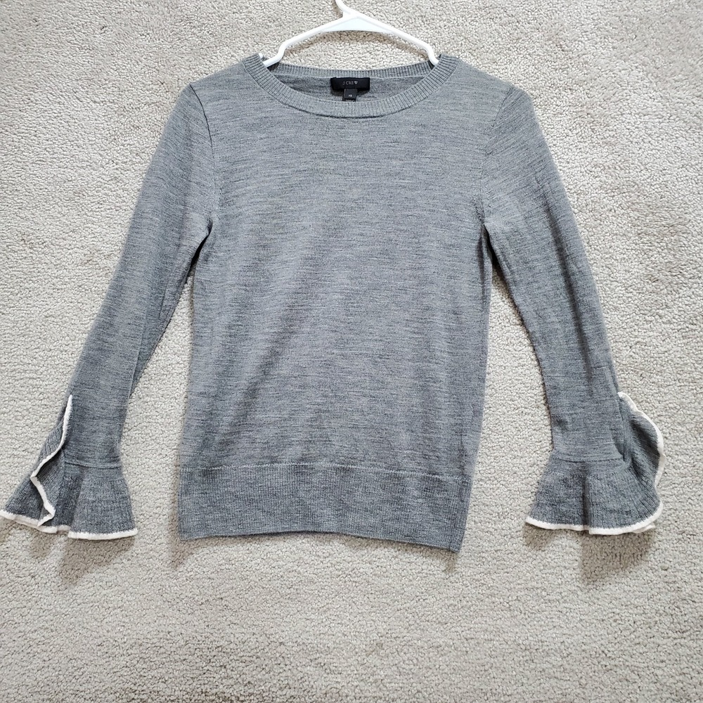 J.Crew Sweater Women's XS Gray Merino Wool Knit Boat Neck Ruffle Sleeve Pullover